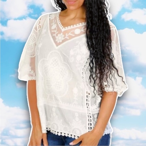 Anthropologie Tops - ANTHRO SAPPHIRE Semi-Sheer Embroidered Lace Boho Top Cottagecore Coquette Hippie